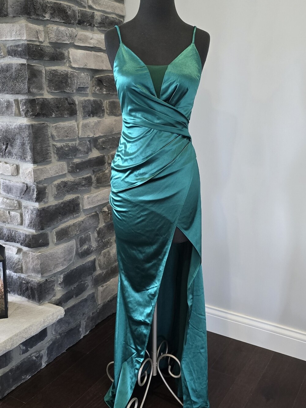 Windsor Emerald Green Satin Wrap Gown with Thigh Slit